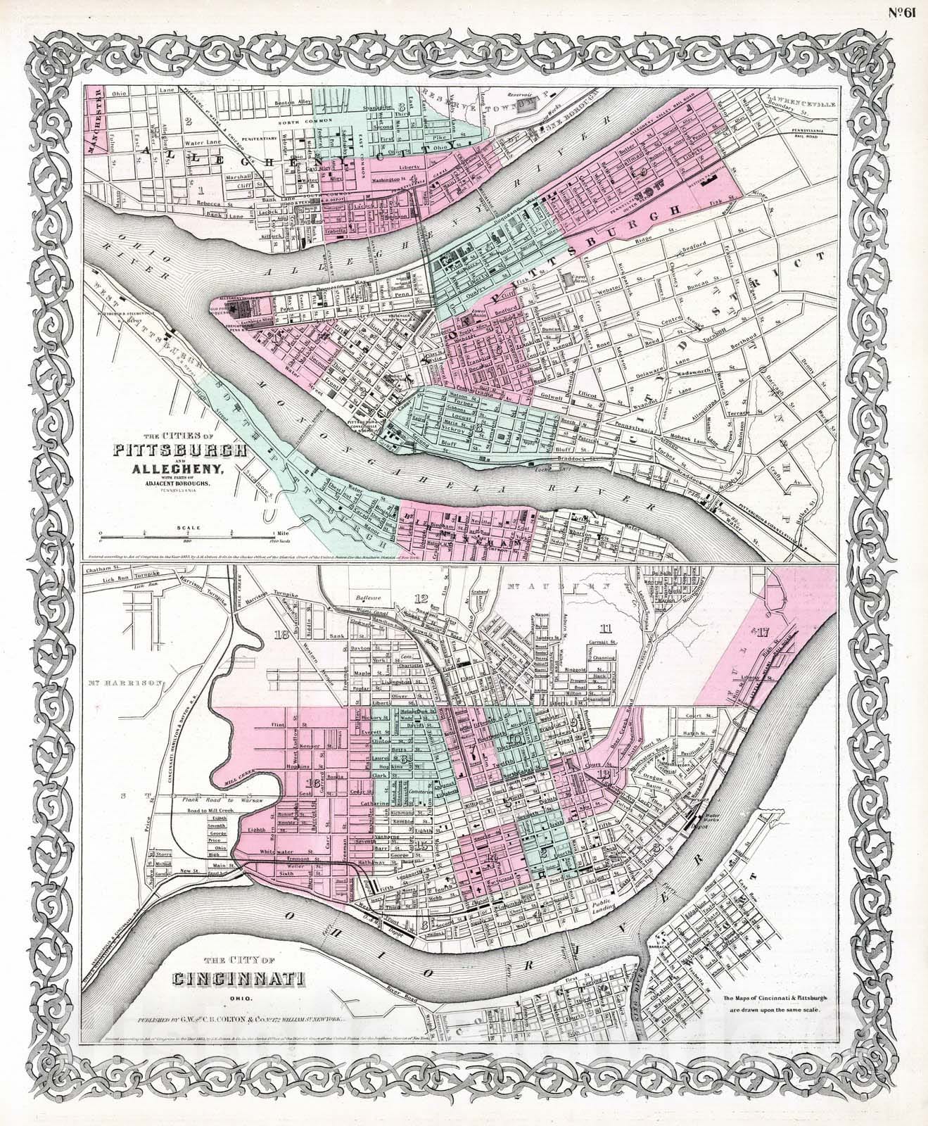Historic Map : 1869 Pittsburgh, Pennsylvania. Cincinnati, Ohio. - Vintage Wall Art