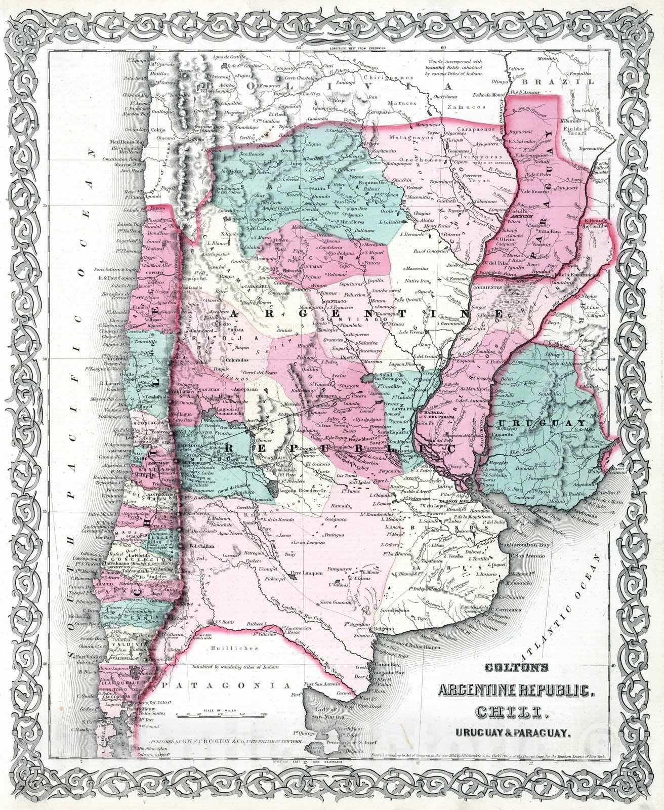 Historic Map : 1869 Argentina Republic, Chile, Uruguay & Paraguay. - Vintage Wall Art
