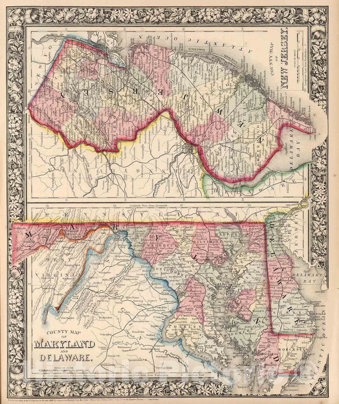 Historic Map : 1865 New Jersey, Maryland, Delaware - Vintage Wall Art
