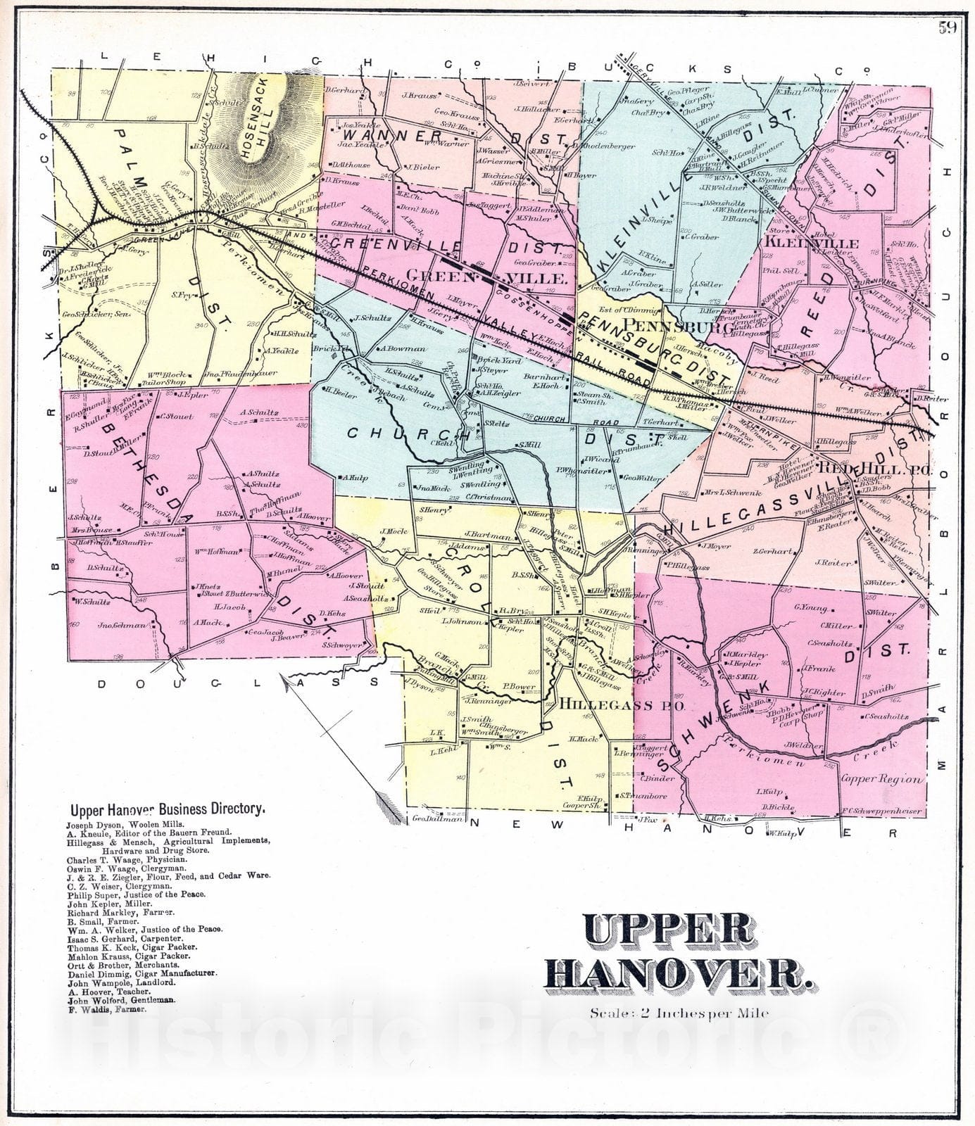 Historic Map : 1871 Upper Hanover, Montgomery County, Pennsylvania. - Vintage Wall Art