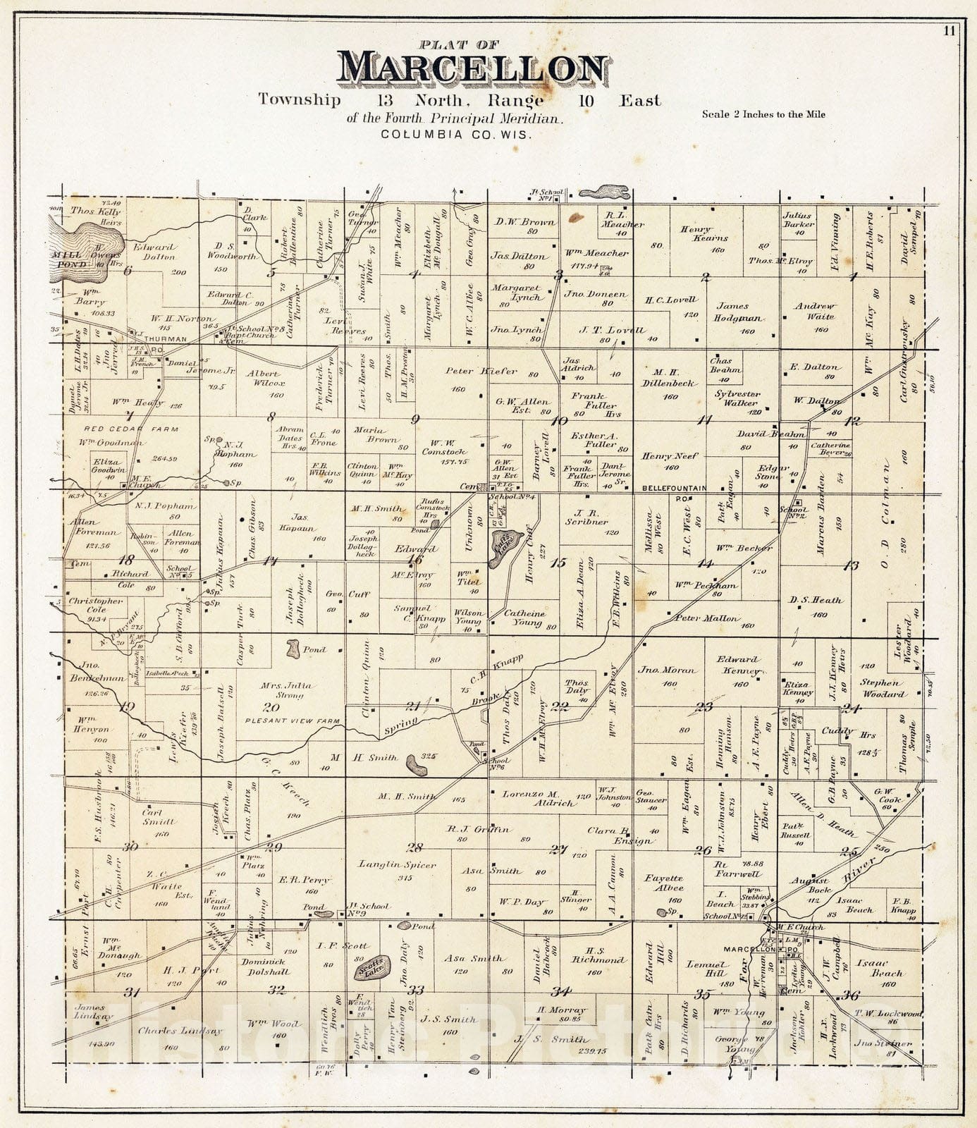 Historic Map : 1890 Marcellon Township, Colubia County, Wisconsin. - Vintage Wall Art