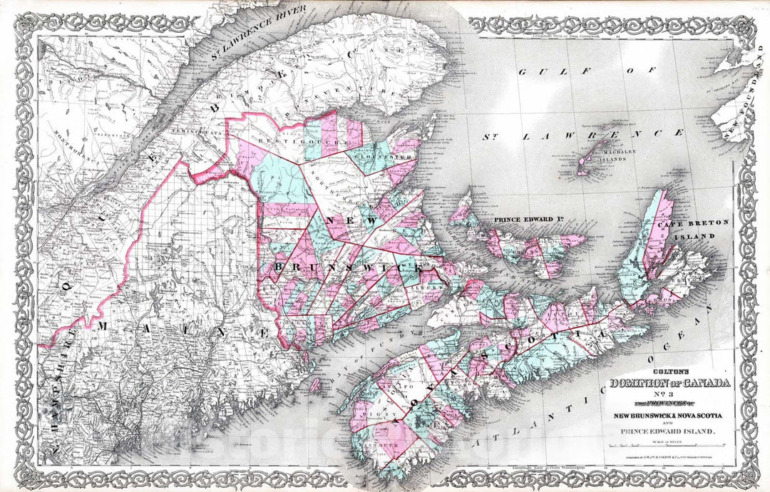 Historic Wall Map : 1869 Dominion of Canada. Provinces of New Brunswick & Nova Scotia and Prince Edward Island. - Vintage Wall Art