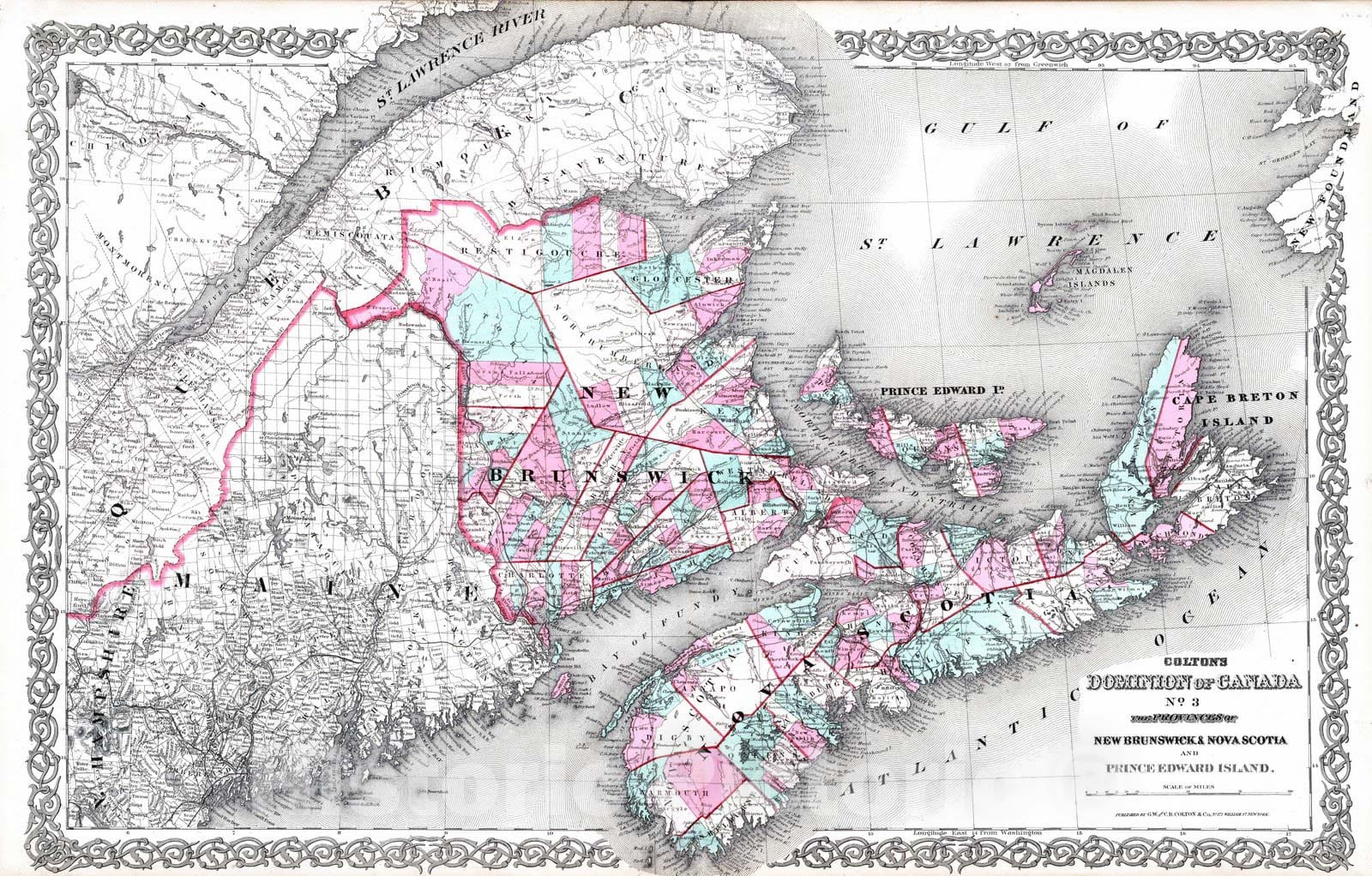 Historic Wall Map : 1869 Dominion of Canada. Provinces of New Brunswick & Nova Scotia and Prince Edward Island. - Vintage Wall Art