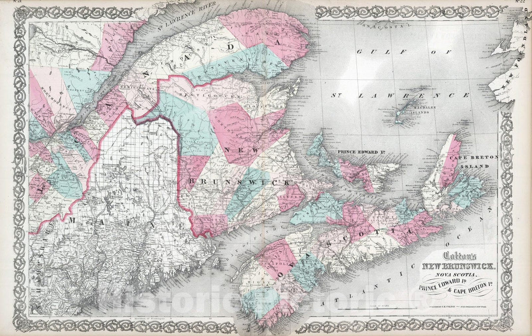 Historic Map : 1865 New Brunswick, Nova Scotia. Prince Edward Island. and Cape Breton Inland. - Vintage Wall Art