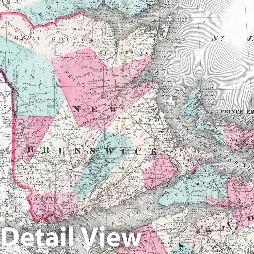 Historic Map : 1865 New Brunswick, Nova Scotia. Prince Edward Island. and Cape Breton Inland. - Vintage Wall Art