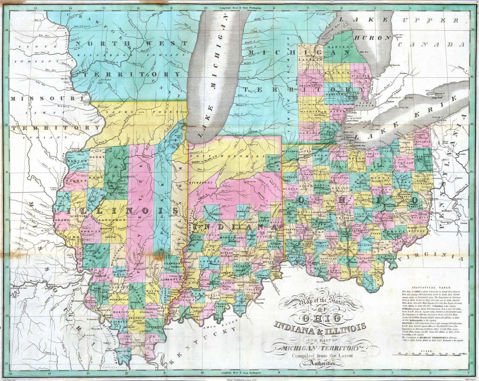 Historic Map : National Atlas - 1827 Ohio, Indiana, Illinois, Michigan. - Vintage Wall Art