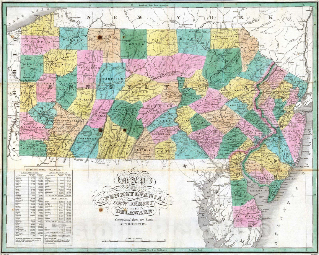 Historic Wall Map : National Atlas - 1827 Pennsylvania, New Jersey, Delaware. - Vintage Wall Art