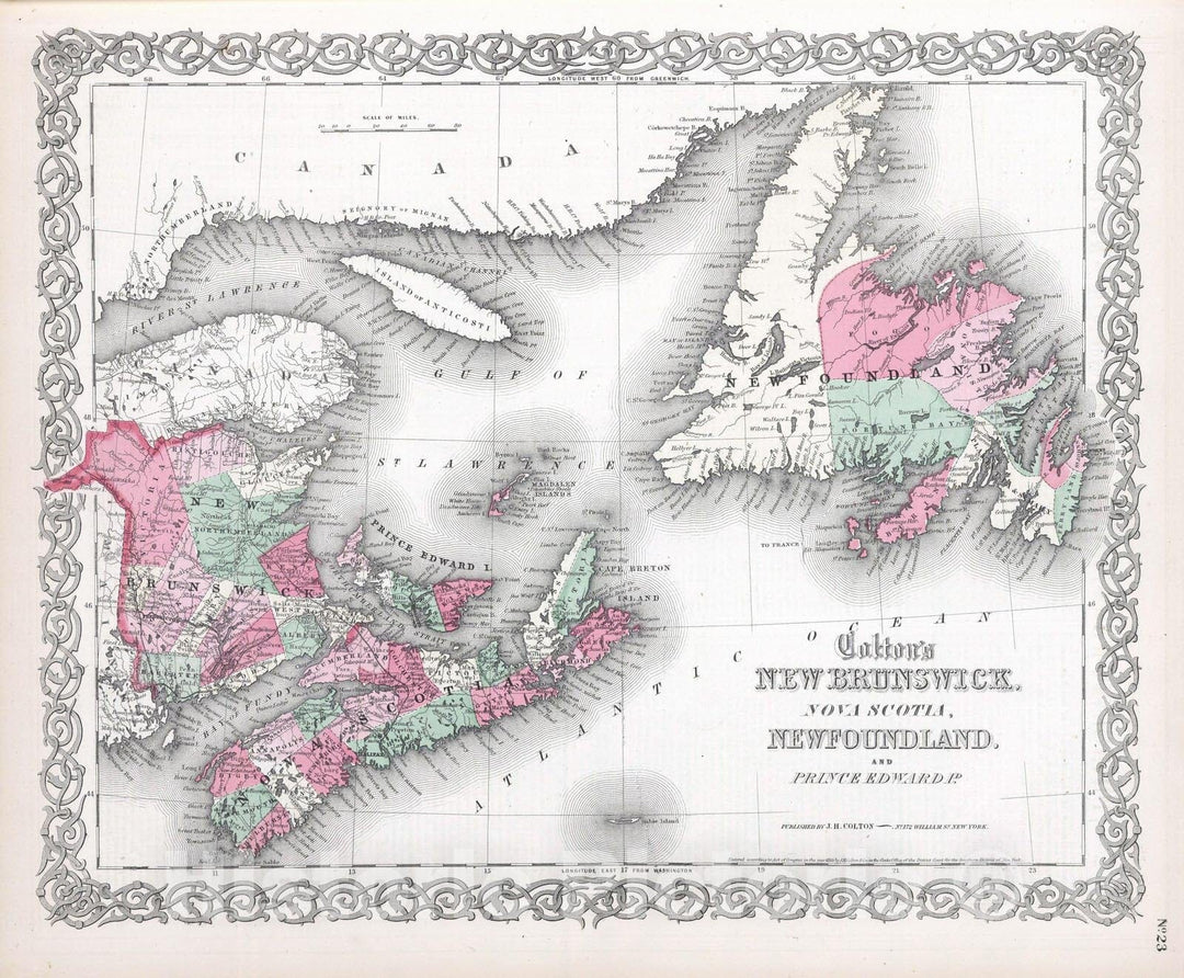Historic Map : 1865 New Brunswick, Nova Scotia, Newfoundland. Prince Edward Island. - Vintage Wall Art