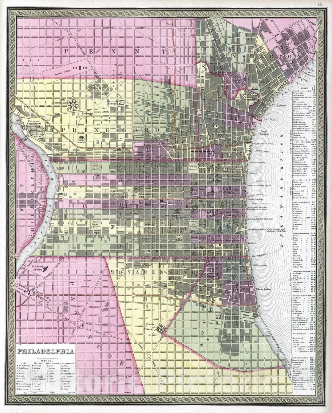 Historic Map : Philadelphia (Pa.), Pennsylvania, 1849 Philadelphia, PA. , Vintage Wall Art