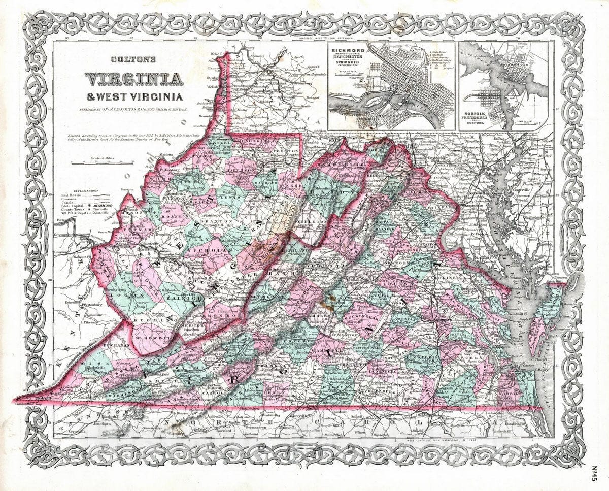 Historic Map : 1869 Virginia and West Virginia. - Vintage Wall Art