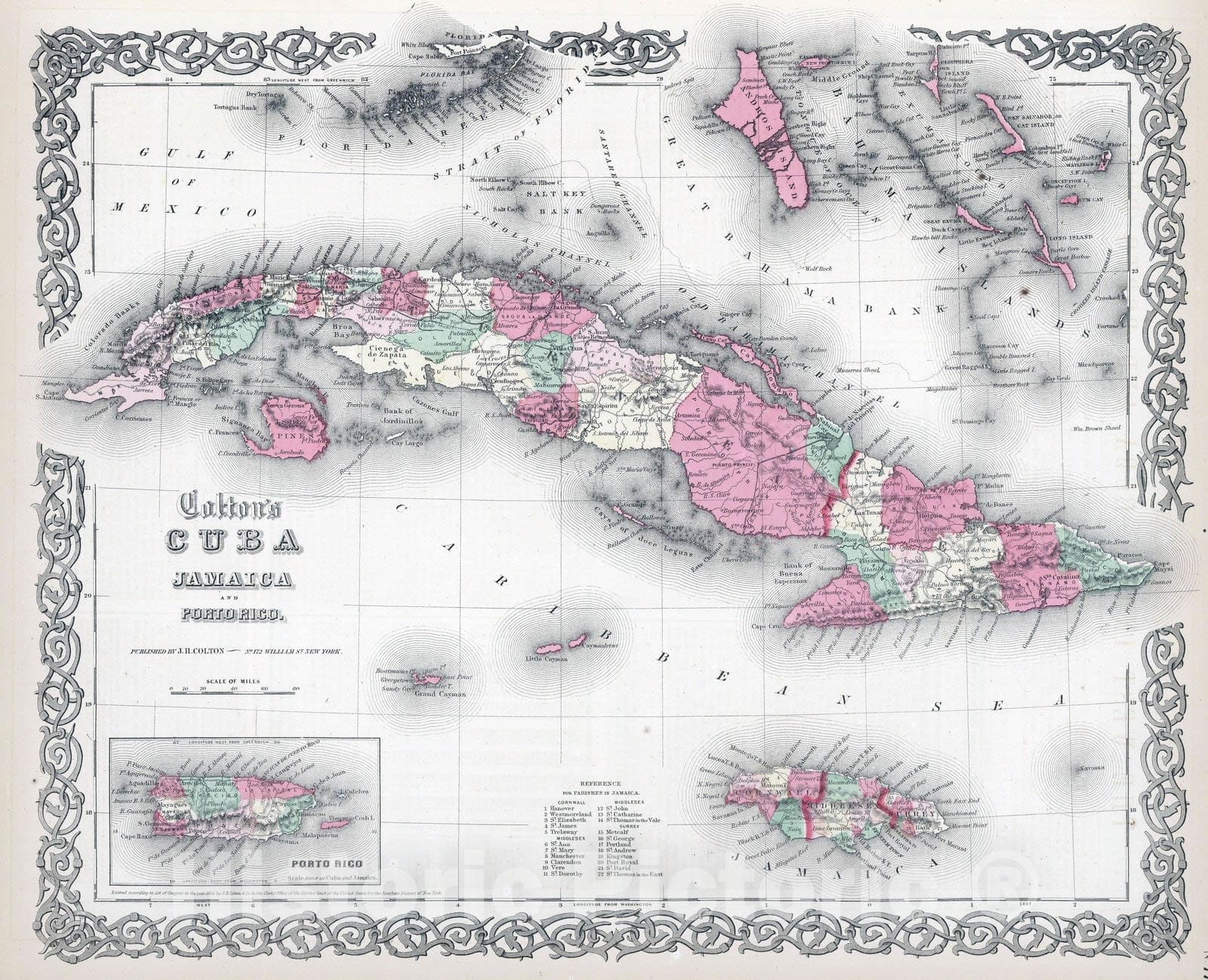 Historic Map : 1865 The West Indies, Cuba, Jamaica and Puerto Rico. - Vintage Wall Art