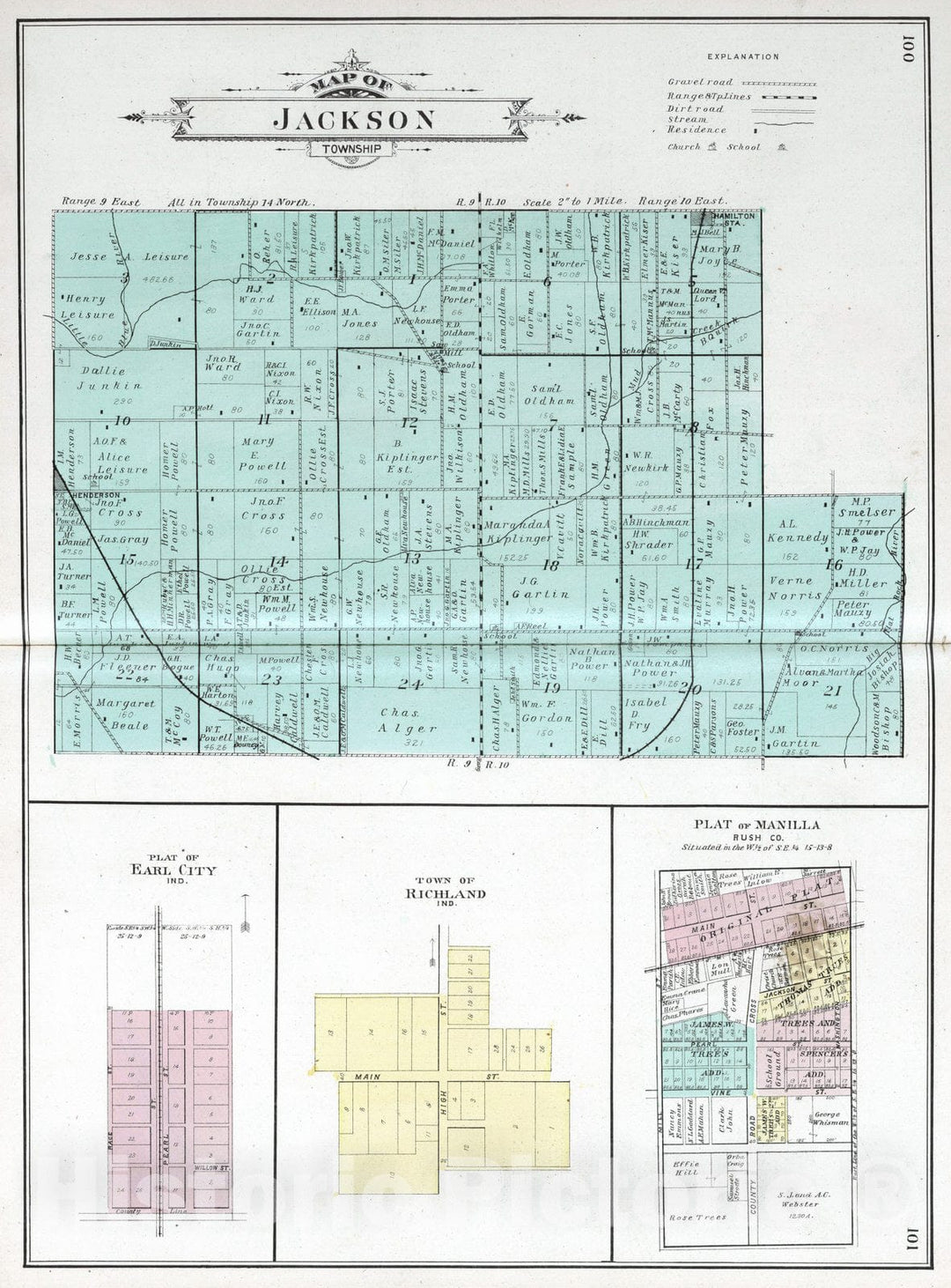 Historic Map : 1908 Jackson Township, Rush County, Indiana. Earl City. Richland. Manilla. - Vintage Wall Art