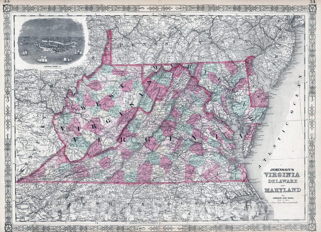 Historic Map : 1864 Virginia, Delaware, and Maryland - Vintage Wall Art