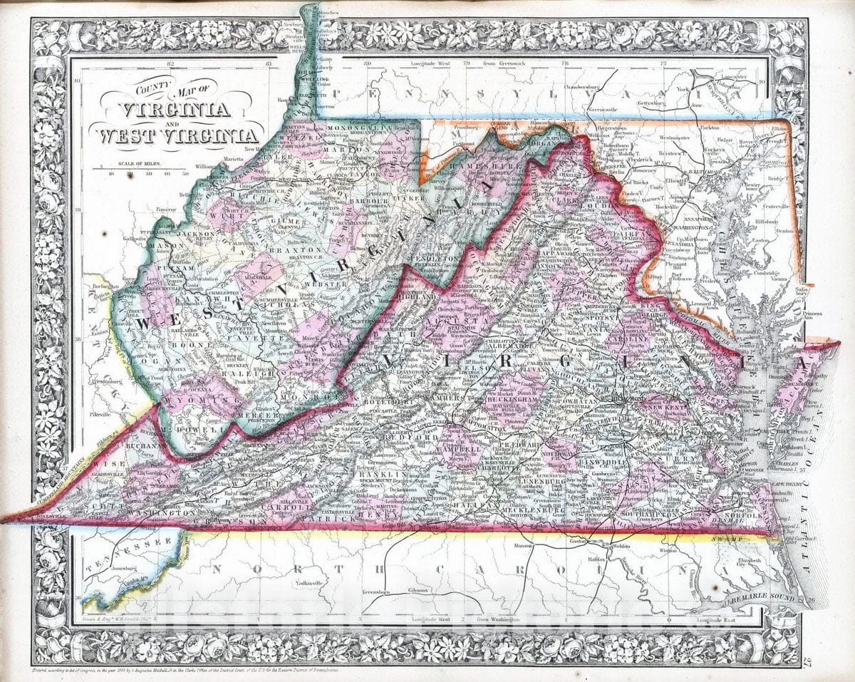 Historic Map : 1865 County map of Virginia and West Virginia - Vintage Wall Art