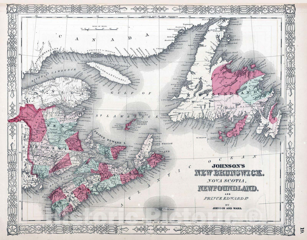 Historic Map : 1864 New Brunswick, Nova Scotia, Newfoundland. and Prince Edward Island - Vintage Wall Art