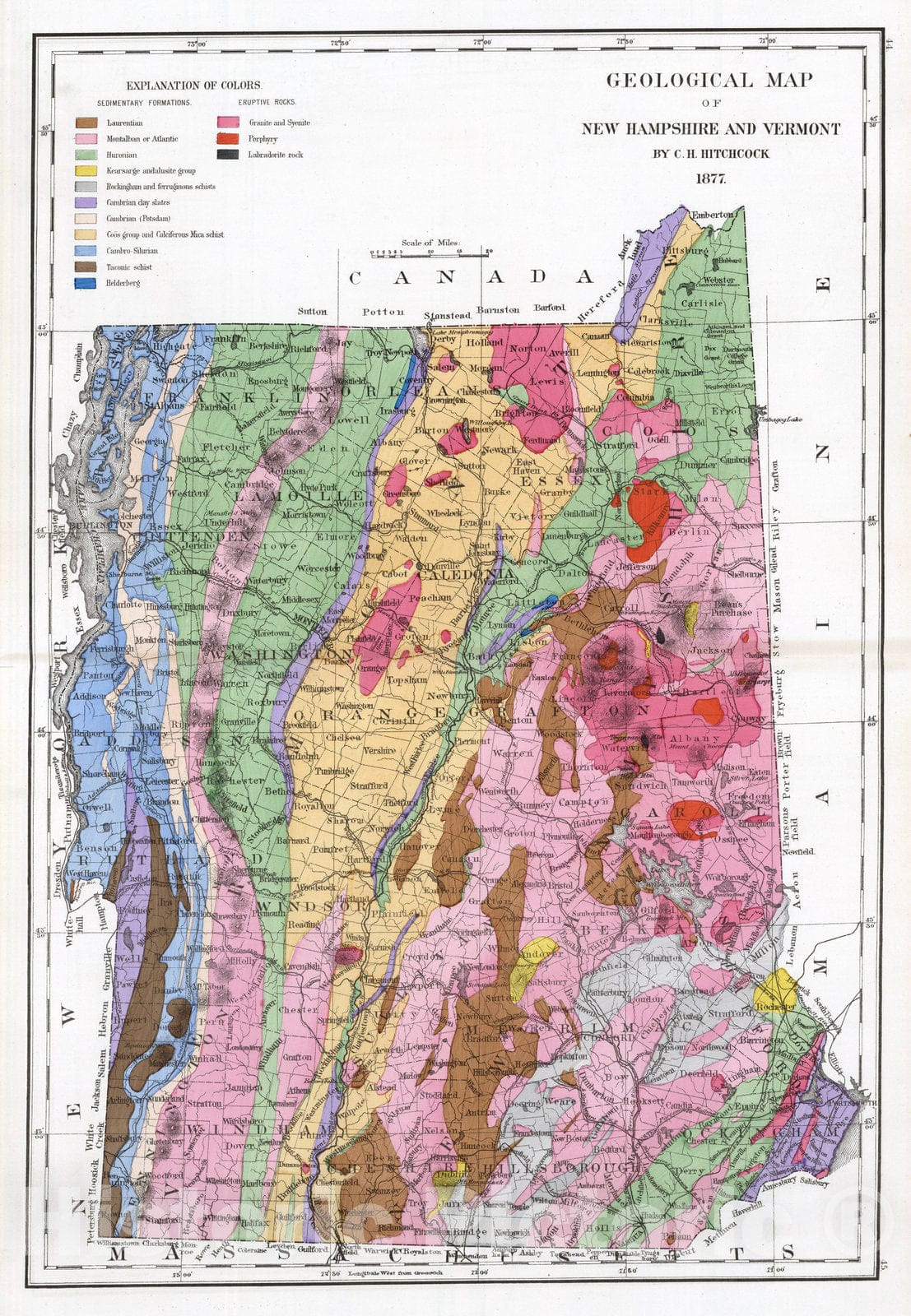 Historic Map : Text Page: Geological Map of New Hampshire and Vermont, By C.H. Hitchcock, 1877. - Vintage Wall Art