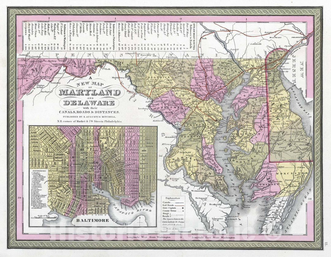 Historic Map : 1849 New Map of Maryland and Delaware with their Canals, Roads & Distances - Vintage Wall Art
