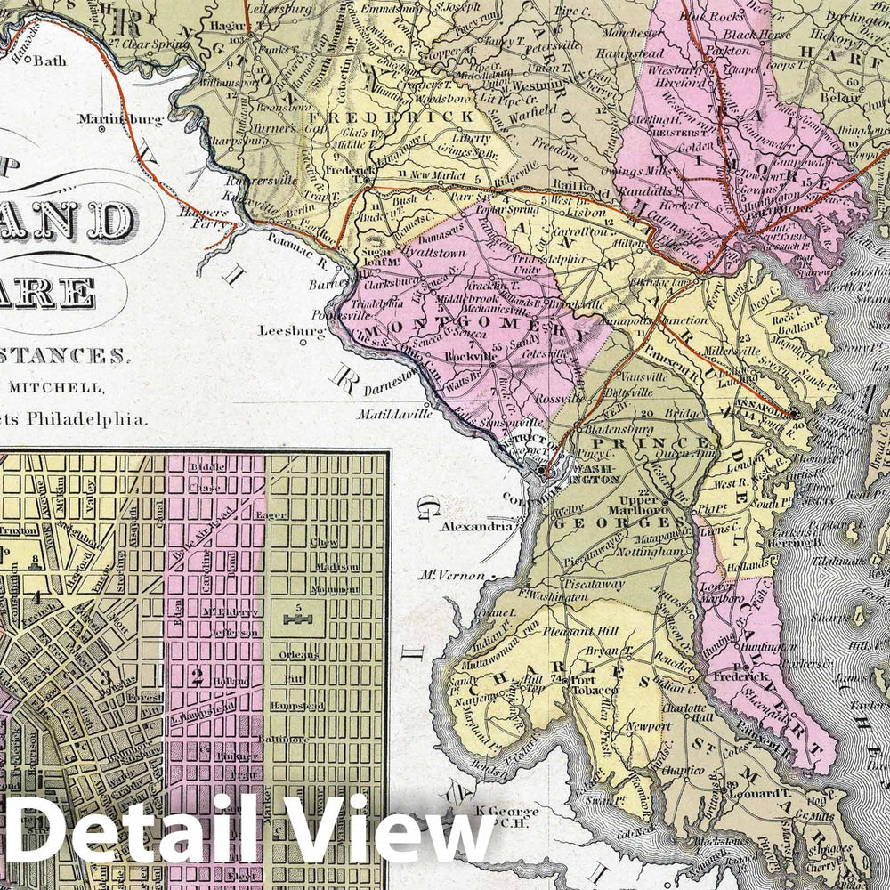 Historic Map : 1849 New Map of Maryland and Delaware with their Canals, Roads & Distances - Vintage Wall Art