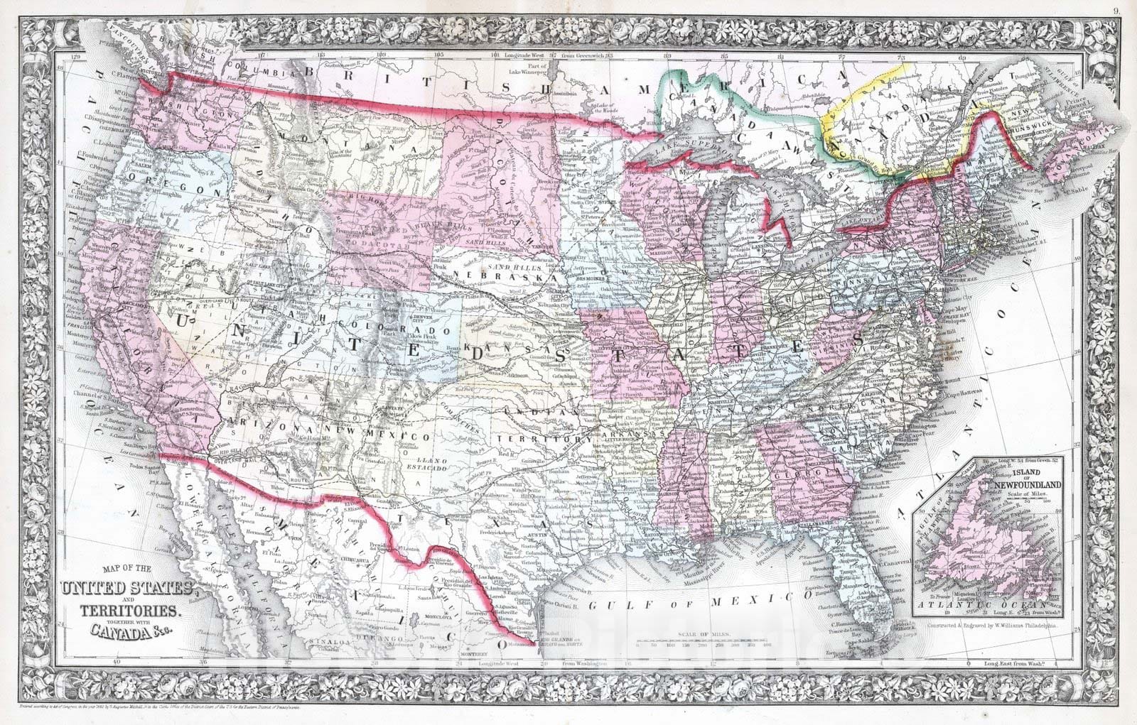 Historic Map : 1865 Map of the United States, and Territories. together with Canada &c. - Vintage Wall Art