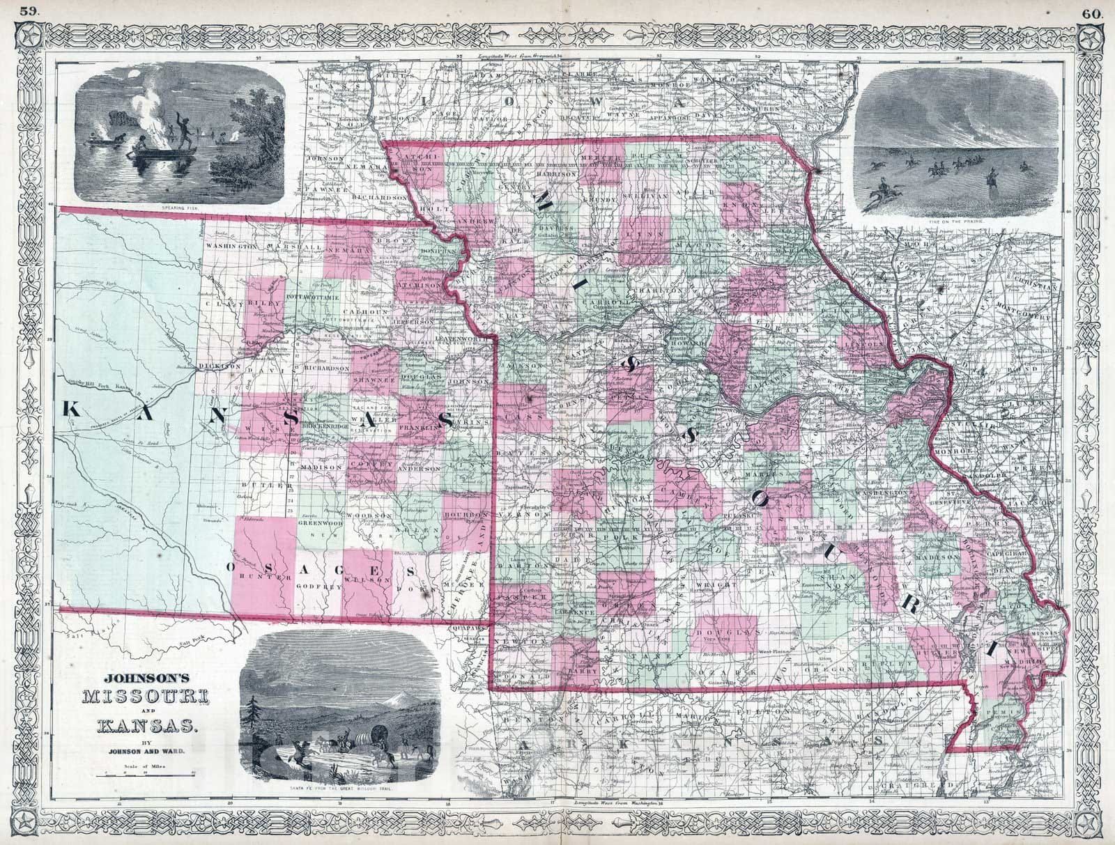 Historic Map : 1864 Missouri And Kansas - Vintage Wall Art