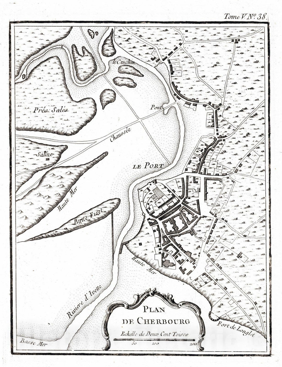 Historic Map : France , Cherbourg France, 1764 Plan de Cherbourg. , Vintage Wall Art