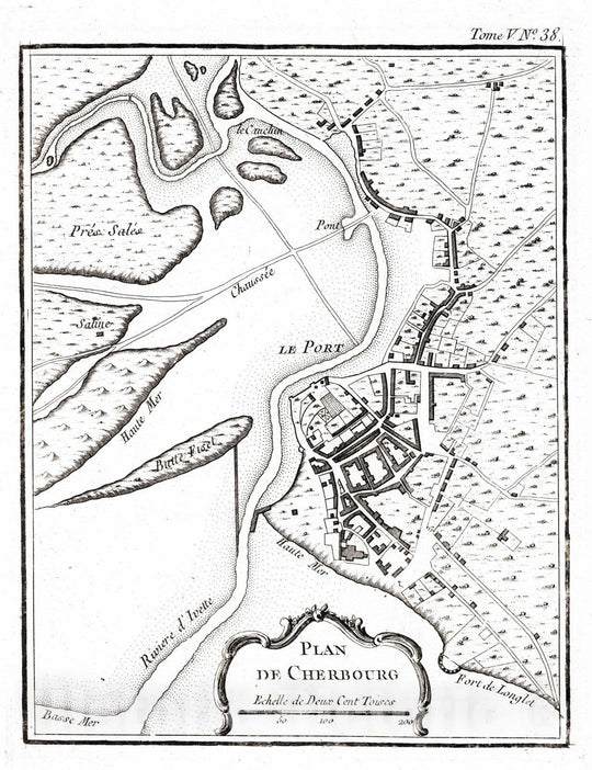 Historic Map : France , Cherbourg France, 1764 Plan de Cherbourg. , Vintage Wall Art