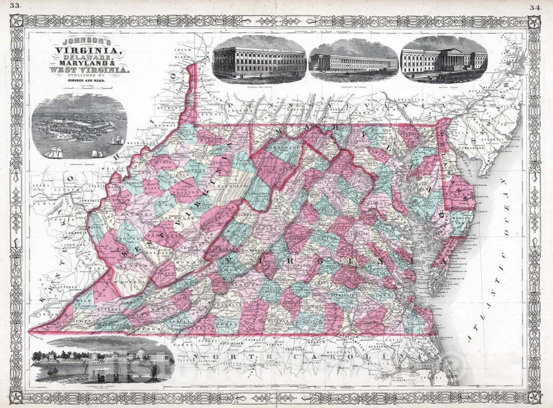 Historic Map : 1864 Virginia, Delaware, Maryland, and West Virginia. - Vintage Wall Art