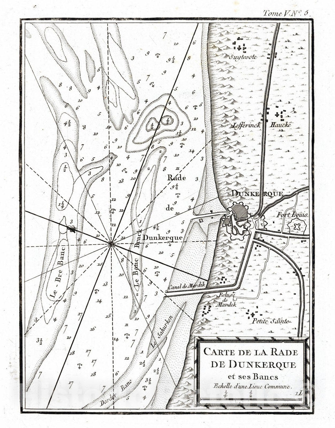 Historic Map : France , Dunkirk France, 1764 Carte de la rade de Dunkerque et ses bancs. , Vintage Wall Art