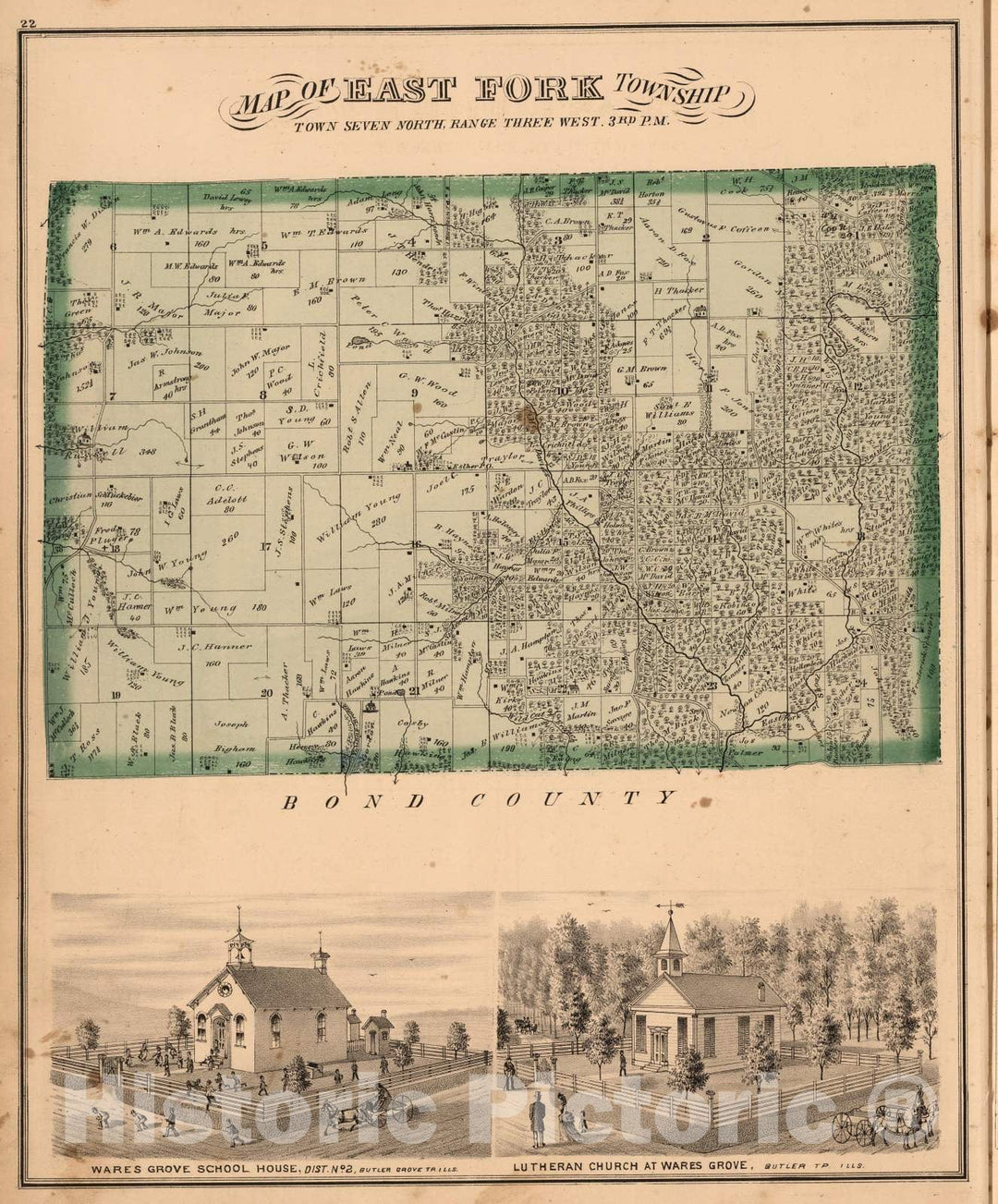 Historic Map : 1874 East Fork Township, Montgomery County, Illinois. View: School House and Lutheran Church at Wares Grove. - Vintage Wall Art