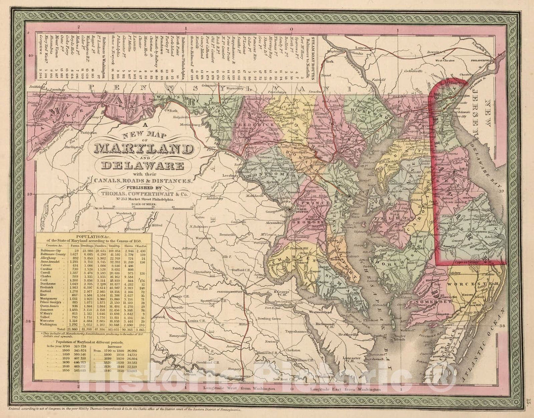 Historic Map : 1853 A New Map of Maryland and Delaware - Vintage Wall Art