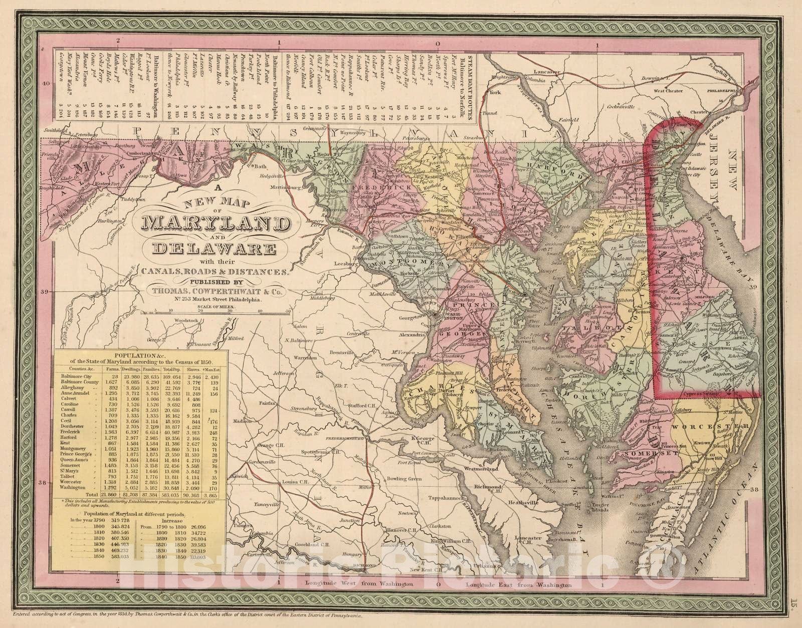 Historic Map : 1853 A New Map of Maryland and Delaware - Vintage Wall Art