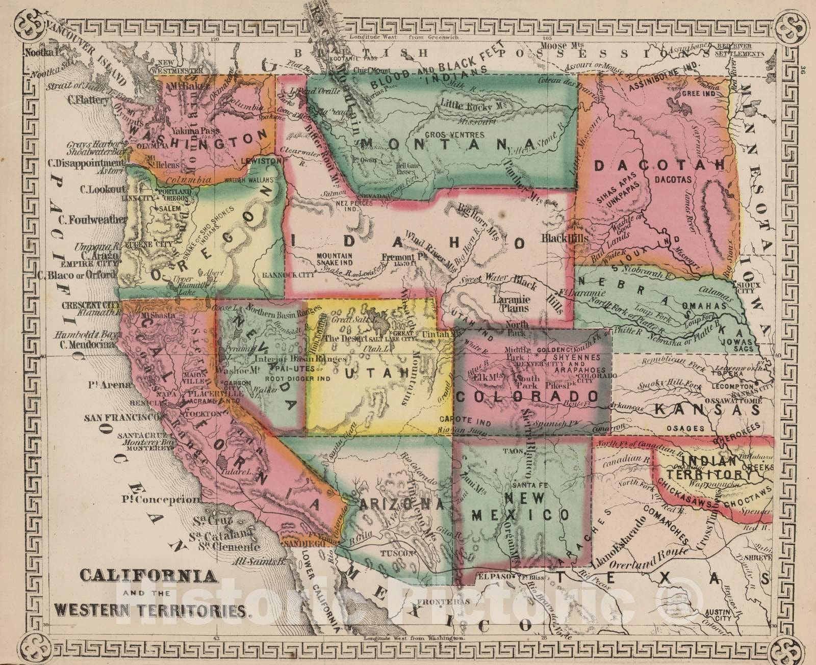 Historic Wall Map : 1865 California and The Western Territories. - Vintage Wall Art