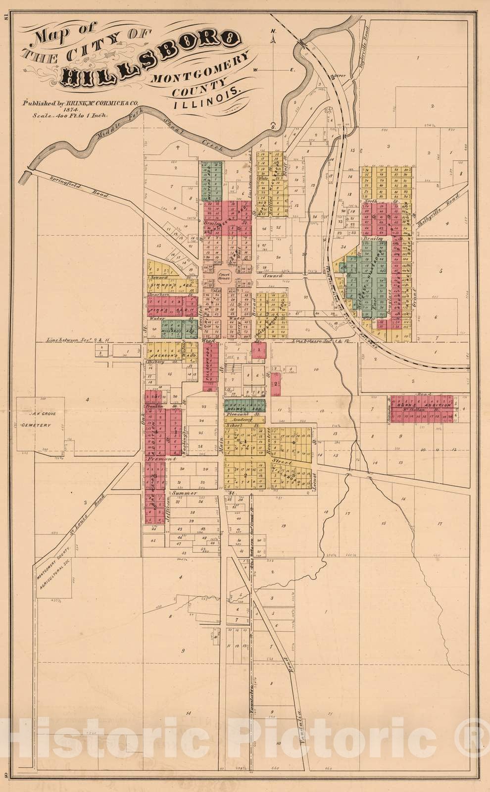 Historic Map : 1874 City of Hillsboro, Montgomery County, Illinois. - Vintage Wall Art