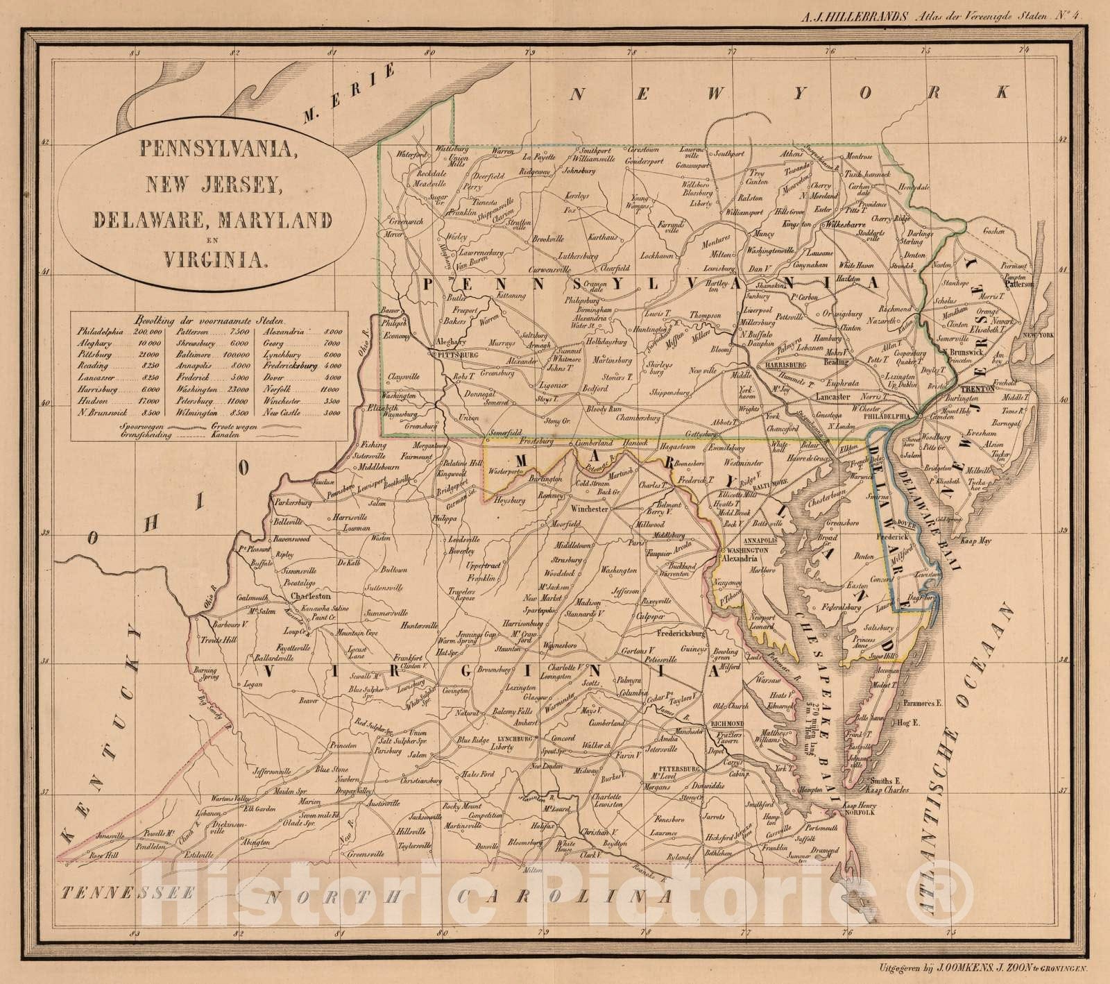 Historic Map : National Atlas - 1851 Pennsylvania, New Jersey, Delaware, Maryland en Virginia. - Vintage Wall Art