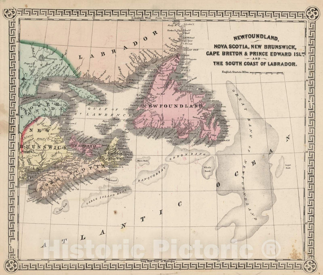Historic Map : 1865 Newfoundland, Nova Scotia, New Brunswick, Cape Breton and Prince Edward Islands. - Vintage Wall Art