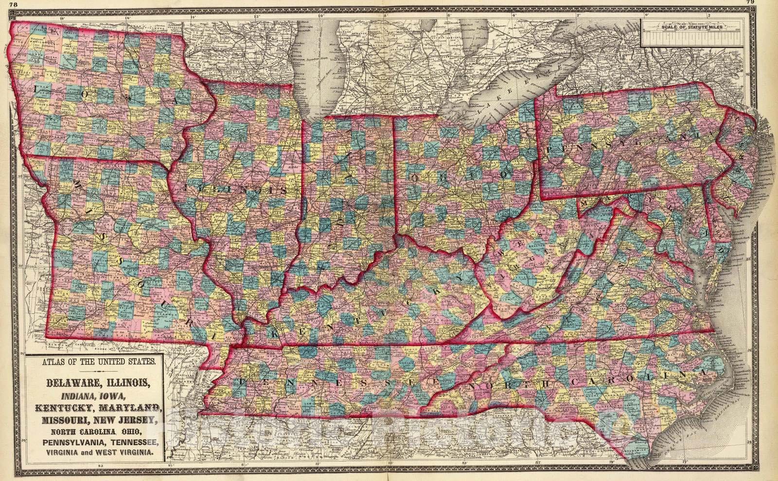 Historic Map : 1872 Delaware, Illinois, Indiana, Iowa North Carolina Tennessee, Virginia. - Vintage Wall Art
