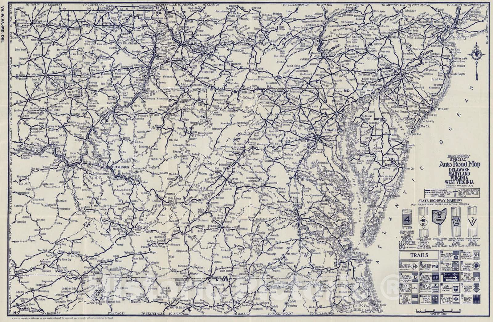 Historic Map : 1926 Delaware, Maryland, Virginia, West Virginia - Vintage Wall Art