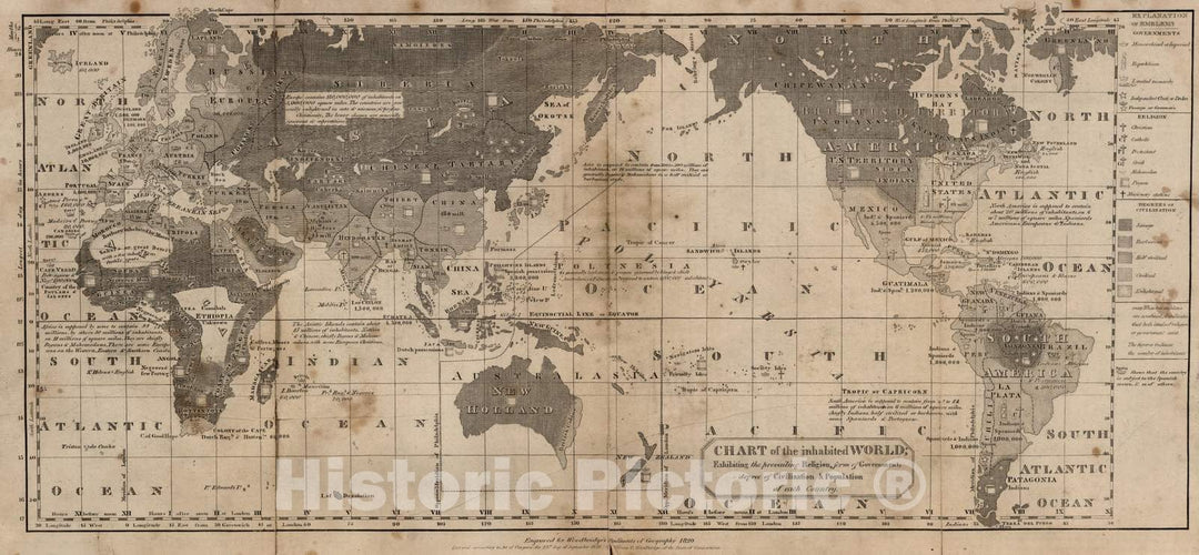 Historic Map : School Atlas - 1821 Chart of The Inhabited World - Vint ...