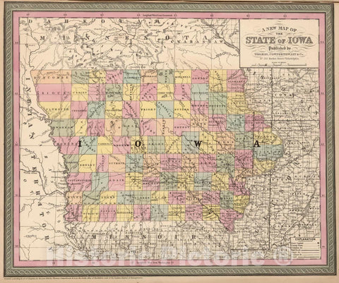 Historic Map : 1853 A New Map of The State of Iowa - Vintage Wall Art
