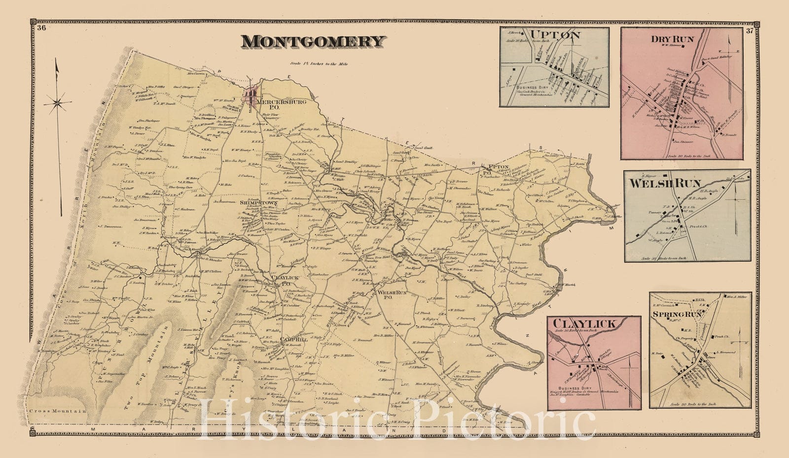 Historic Map : 1868 Montgomery, Franklin County, Pennsylvania. Upton. Dry Run. Welsh Run. Claylick. Spring Run. - Vintage Wall Art