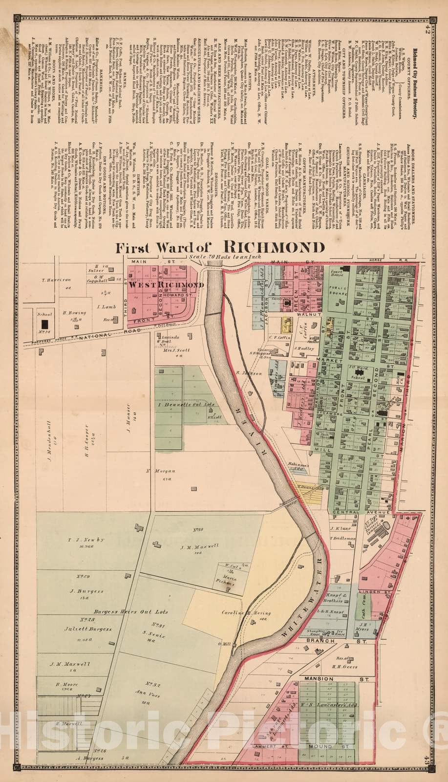 Historic Map : 1874 First Ward of Richmond, Wayne County, Indiana. - Vintage Wall Art