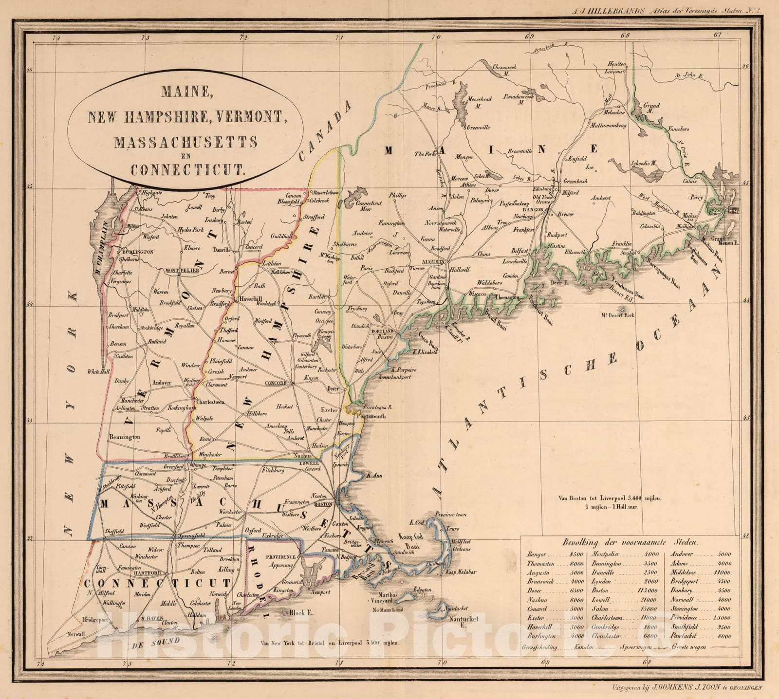 Historic Map : National Atlas - 1851 Maine, New Hampshire, Vermont, Massachusetts en Connecticut. - Vintage Wall Art