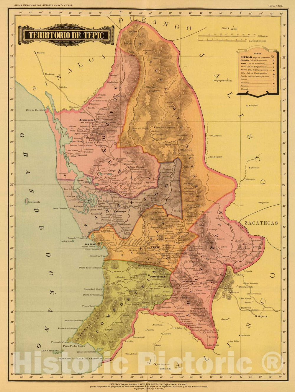 Historic Map : Mexico, Nayarit (Mexico) 1886 Tepic. , Vintage Wall Art