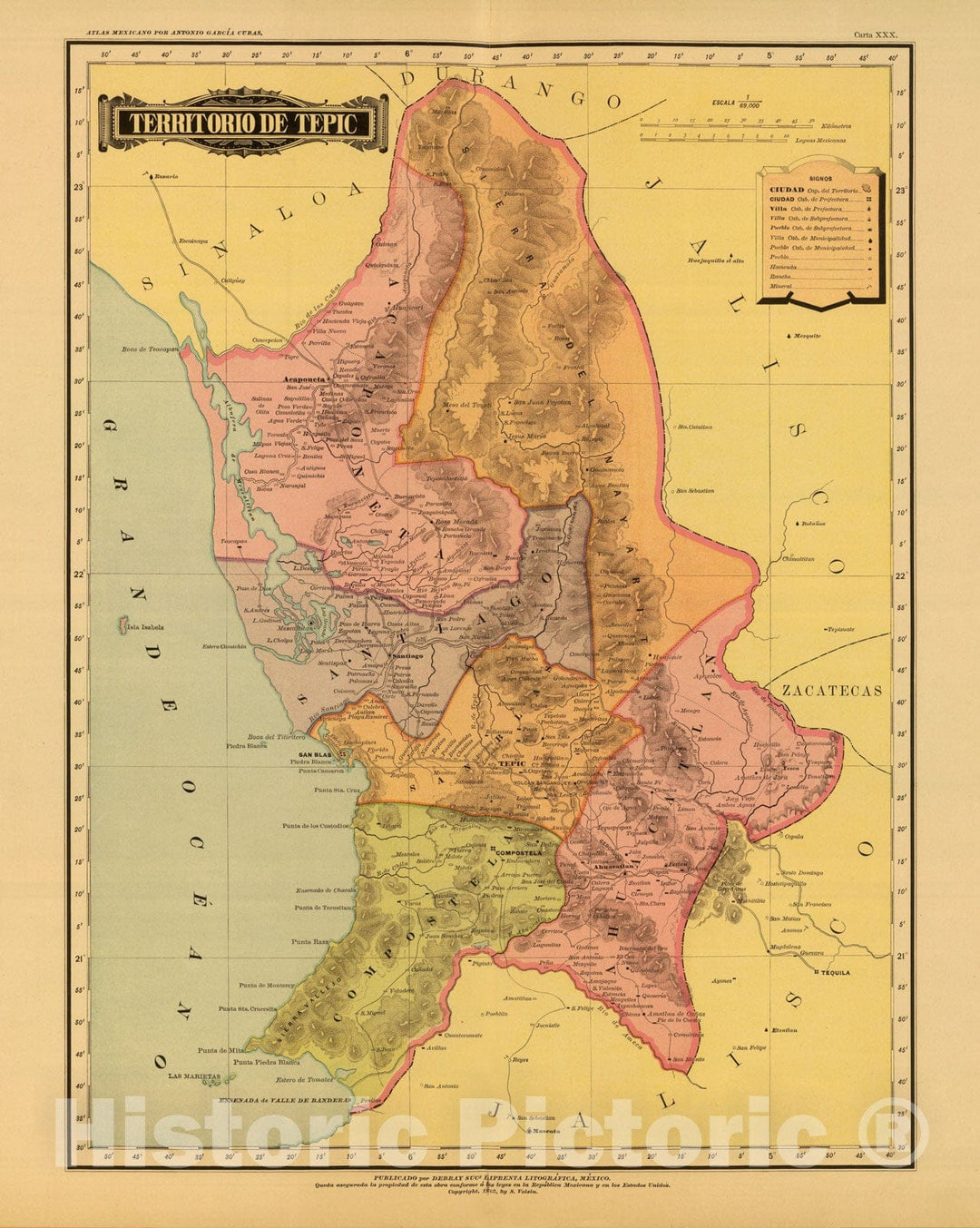 Historic Map : Mexico, Nayarit (Mexico) 1886 Tepic. , Vintage Wall Art