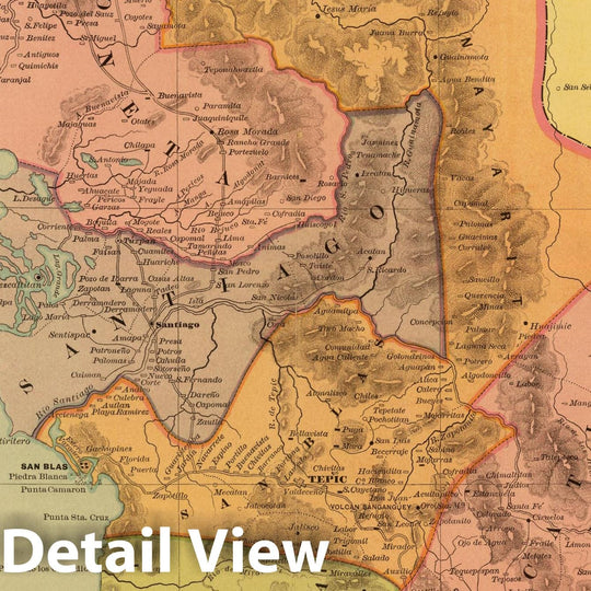 Historic Map : Mexico, Nayarit (Mexico) 1886 Tepic. , Vintage Wall Art