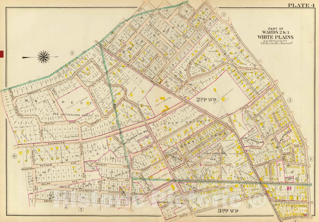 Historic Wall Map : 1910 White Plains wards 2-3. - Vintage Wall Art