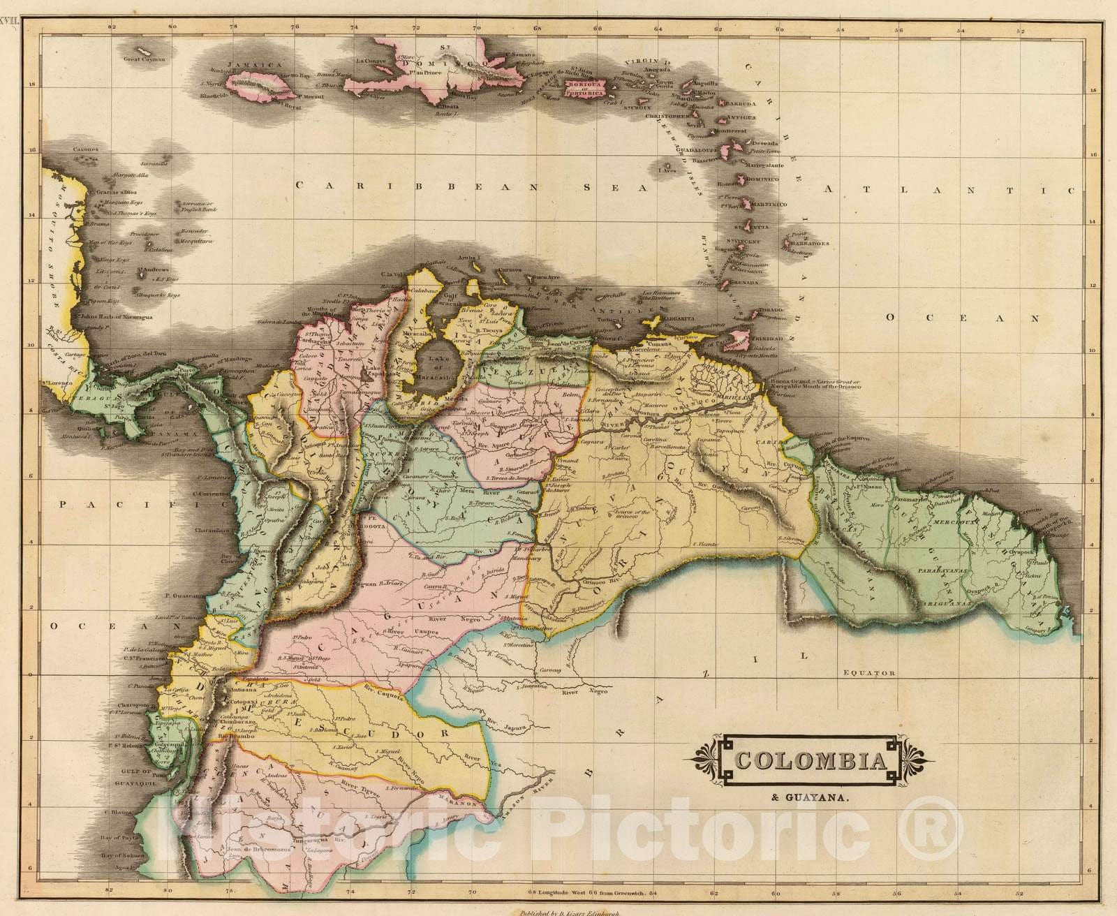 Historic Map : Colombia; Venezuela, , South America 1831 Colombia, Guayana. , Vintage Wall Art