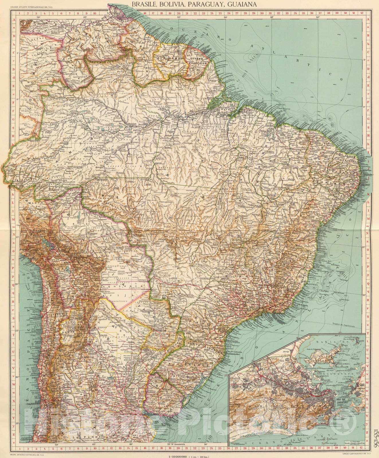Historic Map : Bolivia; Brazil, Rio de Janeiro Region (Brazil), South America 1929 155-56. Brasile, Bolivia, Paraguay, Guaiana. , Vintage Wall Art