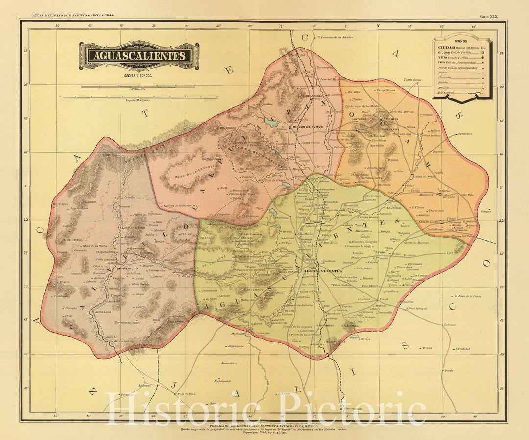 Historic Map : Mexico, 1886 Aguascalientes. , Vintage Wall Art
