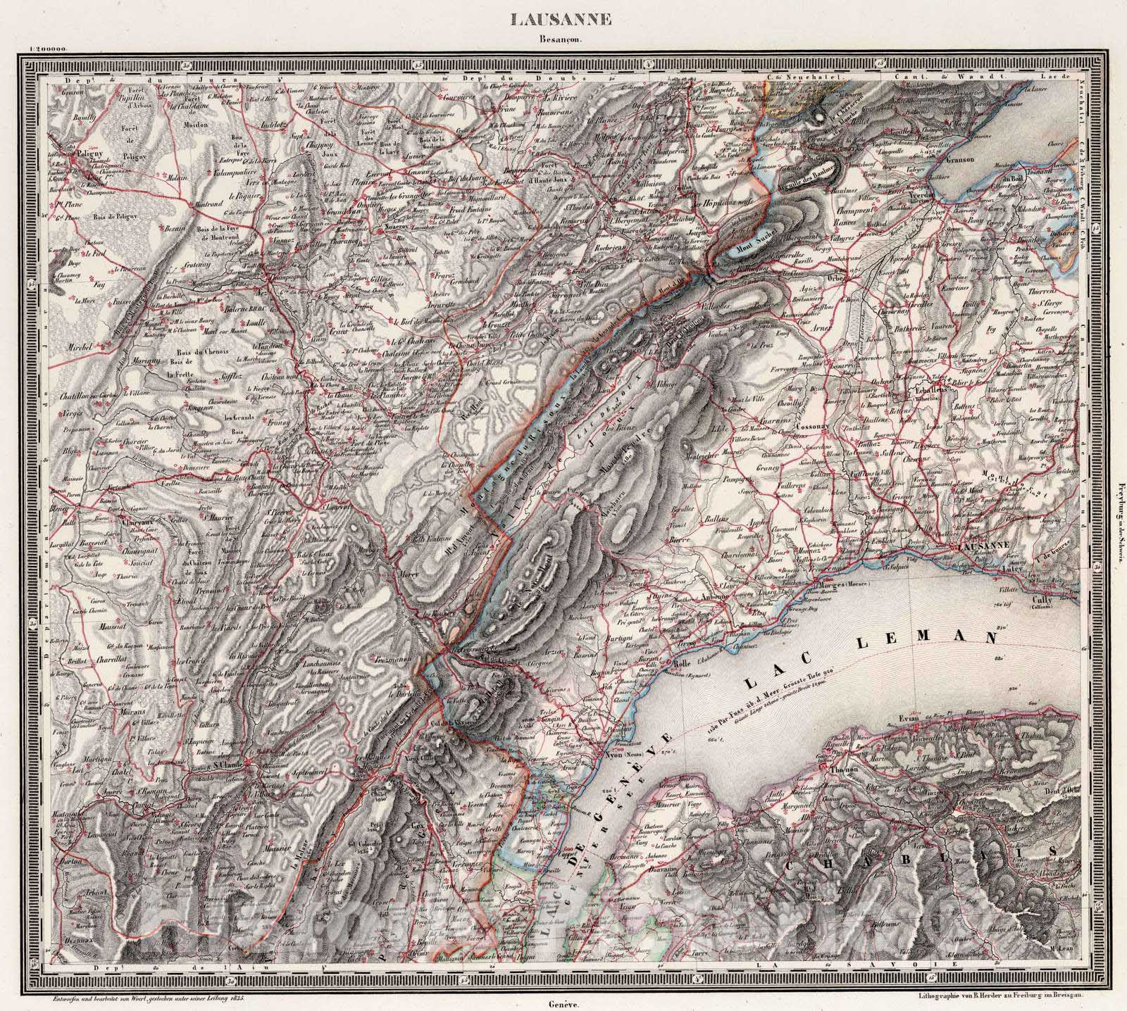 Historic Map : Switzerland , Lausanne (Switzerland), 1835 Lausanne , Vintage Wall Art